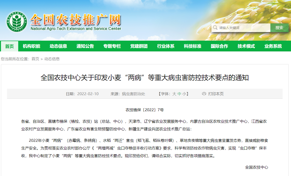 全國(guó)農(nóng)技中心關(guān)于印發(fā)小麥“兩病”等重大病蟲害防控技術(shù)要點(diǎn)的通知