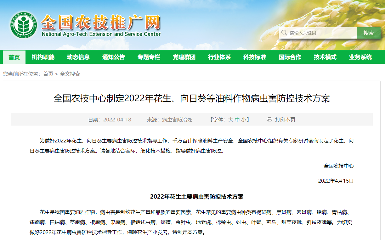 全國農(nóng)技中心制定2022年花生、向日葵等油料作物病蟲害防控技術(shù)方案